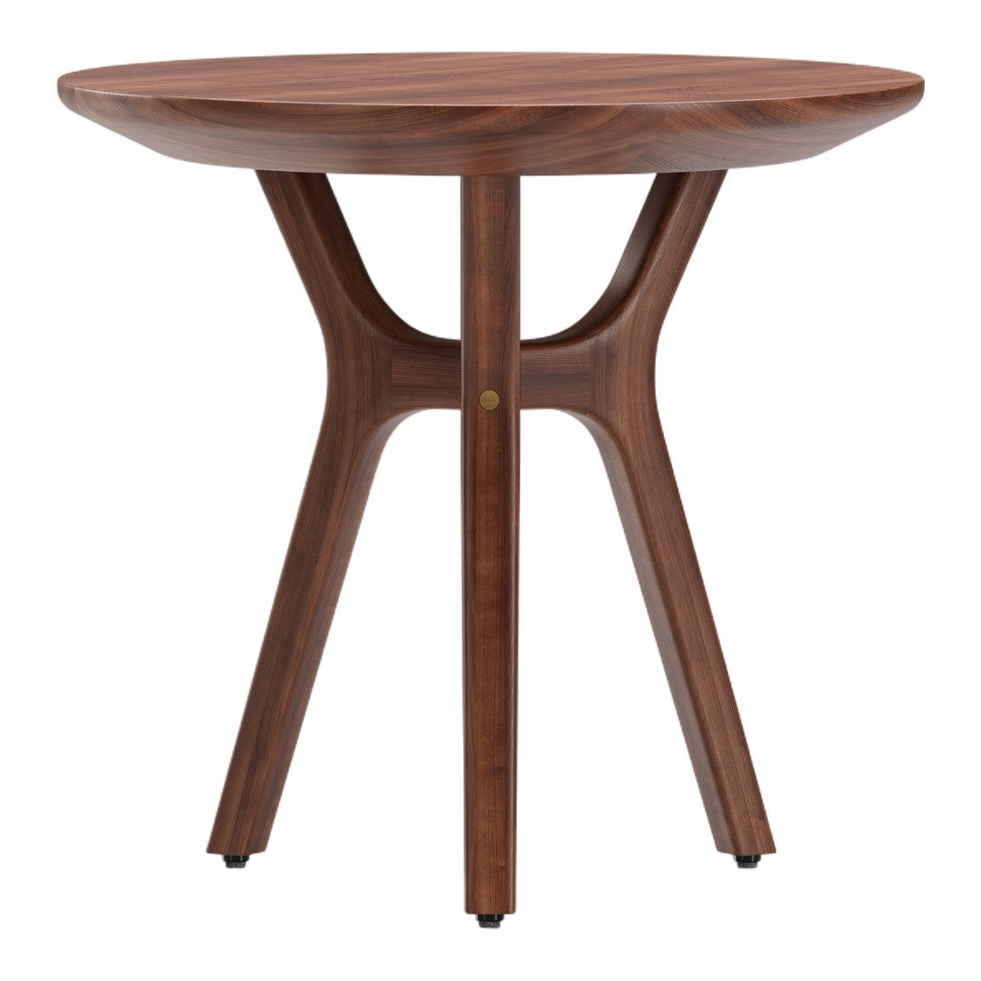 Mid-century modern round table in rich walnut finish with smooth, minimalist design. Ideal for stylish living spaces.