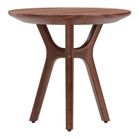 Mid-century modern round table in rich walnut finish with smooth, minimalist design. Ideal for stylish living spaces.