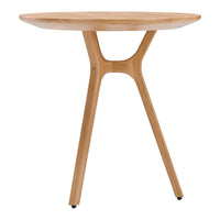 Round wooden table in natural bamboo finish with smooth surface and sleek, light-colored legs. Ideal for modern decor.