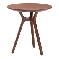 Wooden round table with a rich walnut finish and sleek, minimalist design. Modern furniture with elegant curves.