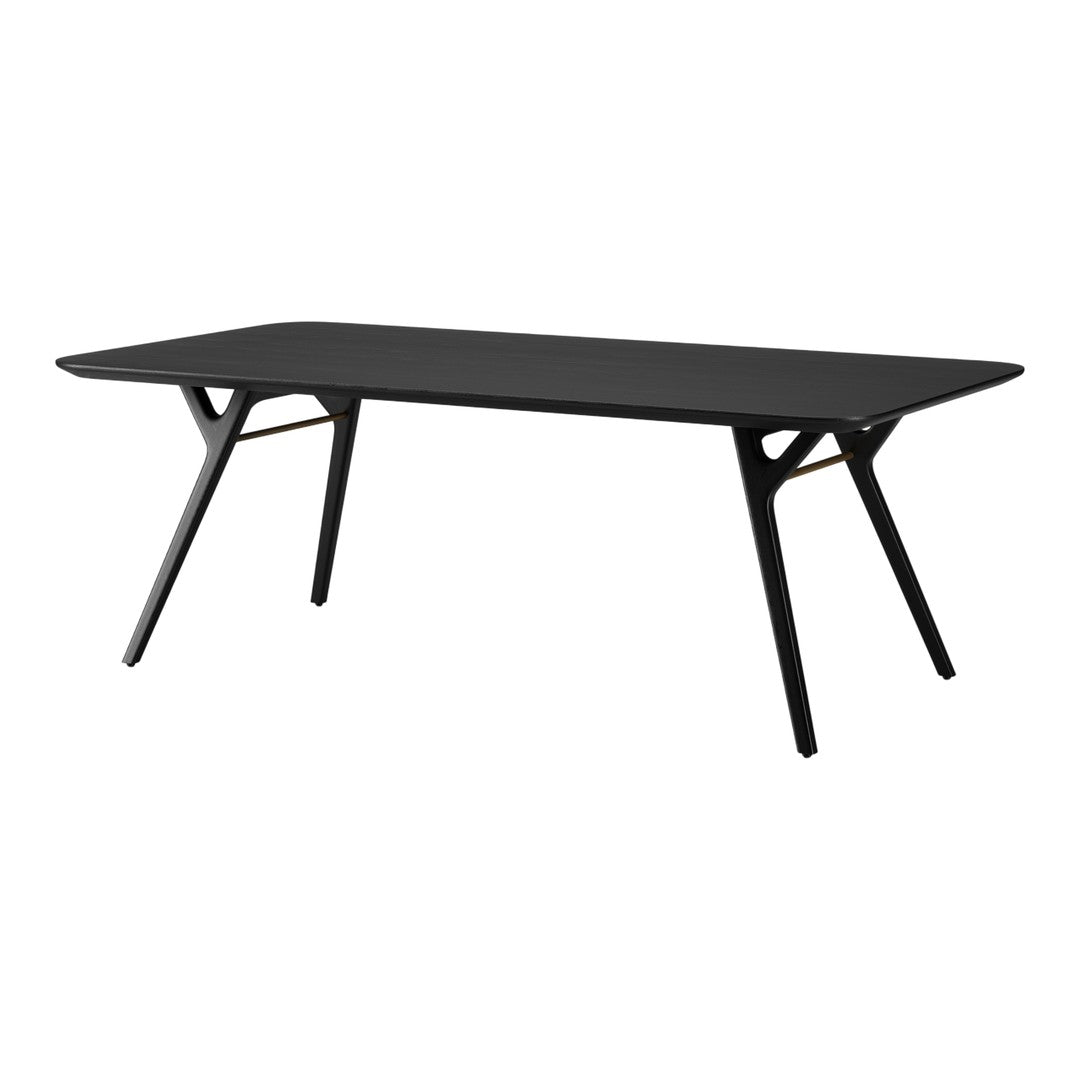 Sleek black dining table with a minimalist design and stylish, angled legs. Perfect for modern interiors.