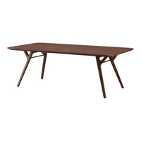 "Elegant walnut brown dining table with a smooth surface and modern, angular legs, perfect for contemporary decor."