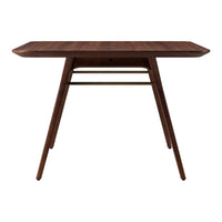 Brown wooden table with a smooth finish and sleek, angled legs. Modern design with a minimalist aesthetic.