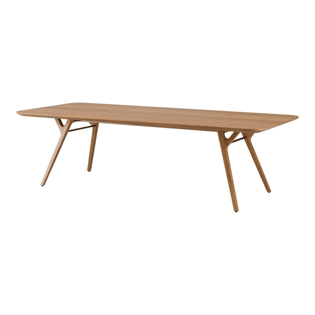 Natural wood dining table with a smooth light brown finish and minimalist, modern design.