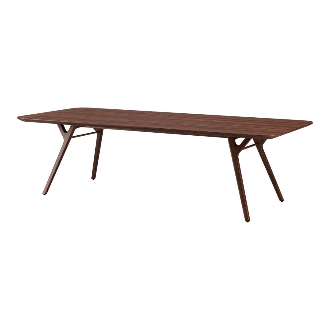 Wooden dining table in rich walnut finish with a smooth surface and sleek, angular legs.