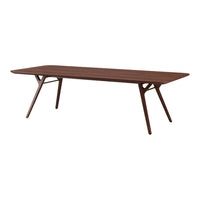 Wooden dining table in rich walnut finish with a smooth surface and sleek, angular legs.