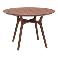 Round walnut dining table with smooth wood grain and sleek, natural finish, ideal for modern interior decor.