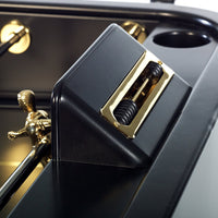 Black and gold tabletop with sleek patterns and shiny accents, featuring a unique roller mechanism.