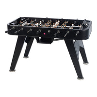 Black foosball table with sleek design, silver rods, and colorful player figurines in white and gray uniforms.