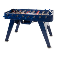 Blue foosball table with sleek design, featuring red and white player figures and vibrant blue handles.