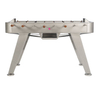 Stainless steel foosball table with sleek silver finish and black playing rods. Highlights of a modern design.