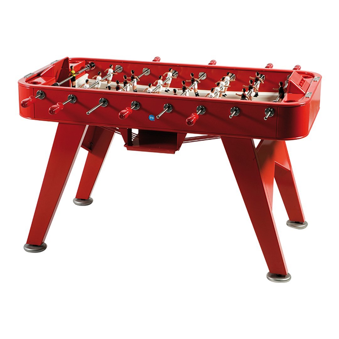 Bright red foosball table with white playing field and black player figures, featuring sleek, modern design.