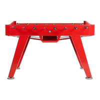 Red foosball table with black and red players, stylish design and sturdy legs for an eye-catching look.
