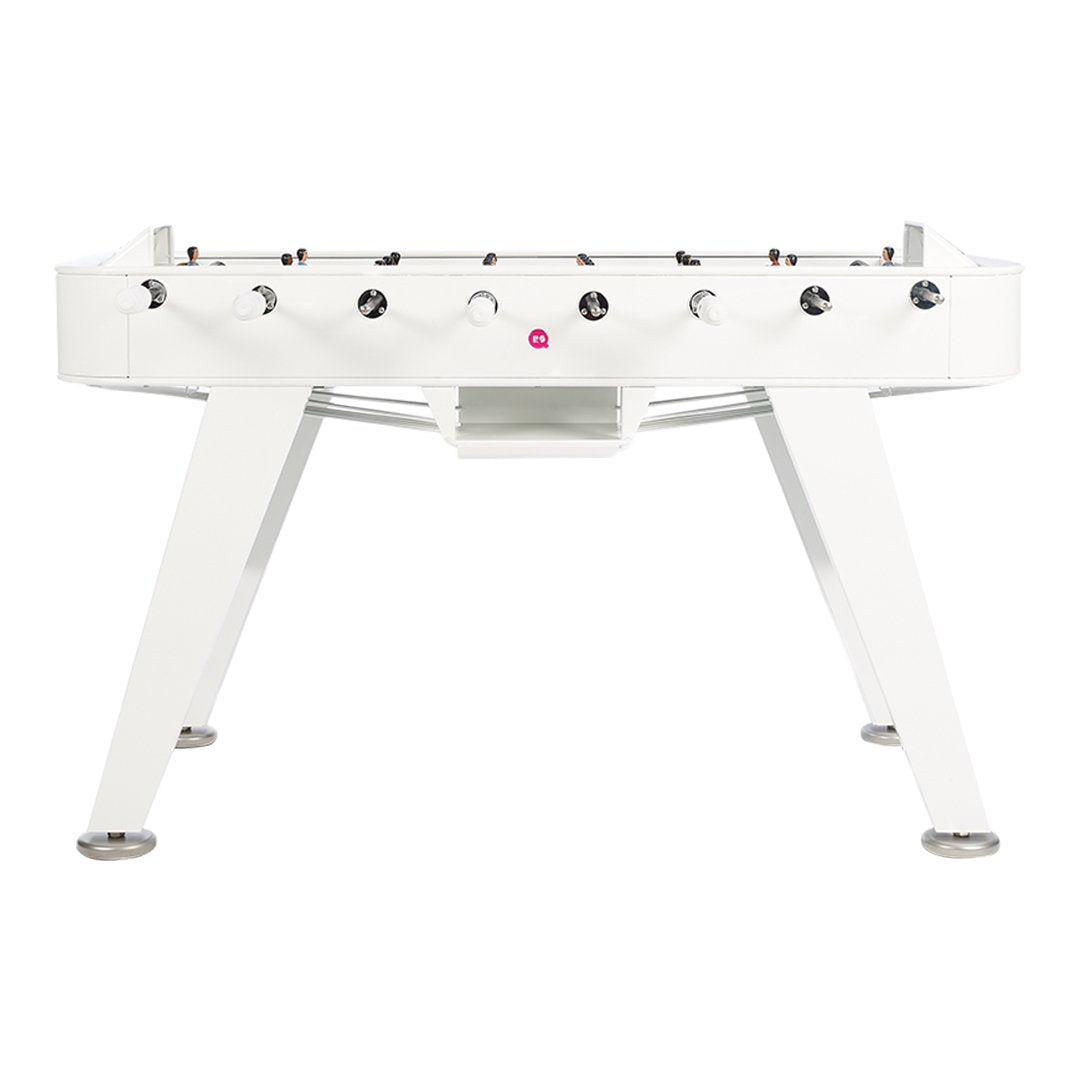 White foosball table with sleek design and contrasting black and chrome accents. Perfect for modern game rooms.