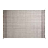 Neutral-toned woven rug with subtle textured pattern and fringed edges, perfect for any modern decor.