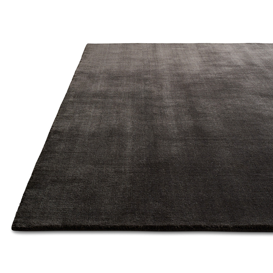 Soft black area rug with subtle texture, featuring a modern, minimalist design perfect for any decor.