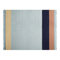 Soft blue with gold, navy, and rust stripes; modern fringed throw blanket. Perfect for stylish home decor.