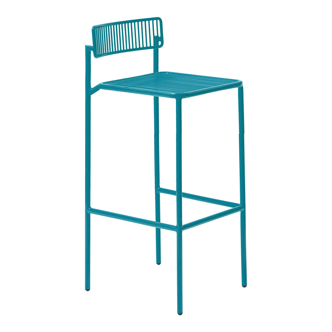 Turquoise metal bar stool with a sleek, slatted back and minimalist design, perfect for modern decor.