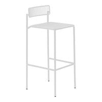 White metal bar stool with a minimalist design and horizontal slatted backrest, perfect for modern decor.