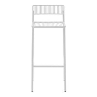 White metal bar stool with a slatted back and seat, featuring a sleek, minimalistic design for modern interiors.