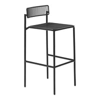 Black bar stool with a sleek, minimalist design and striped backrest, perfect for modern decor.