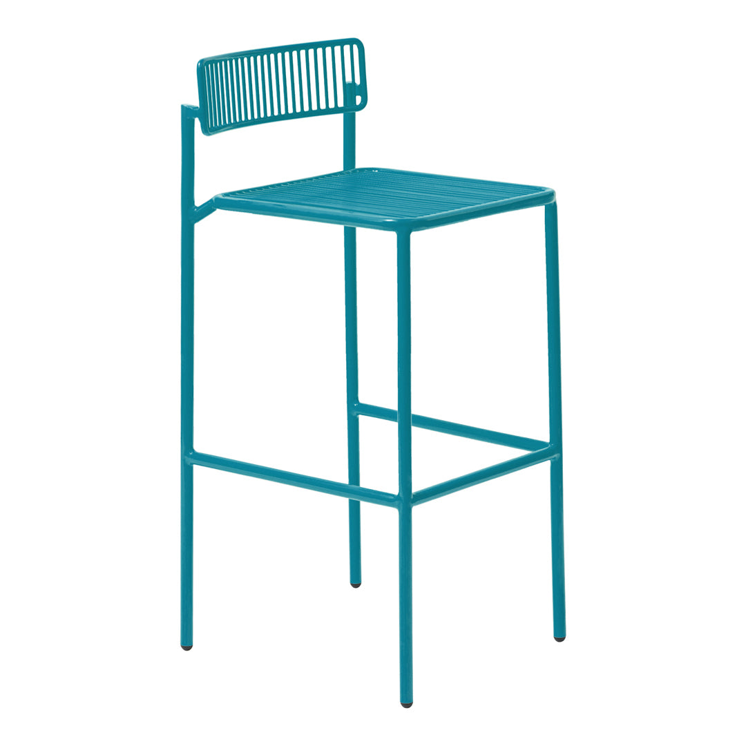Teal metal barstool featuring a slatted seat and backrest, perfect for modern décor. Ideal for indoor or outdoor use.