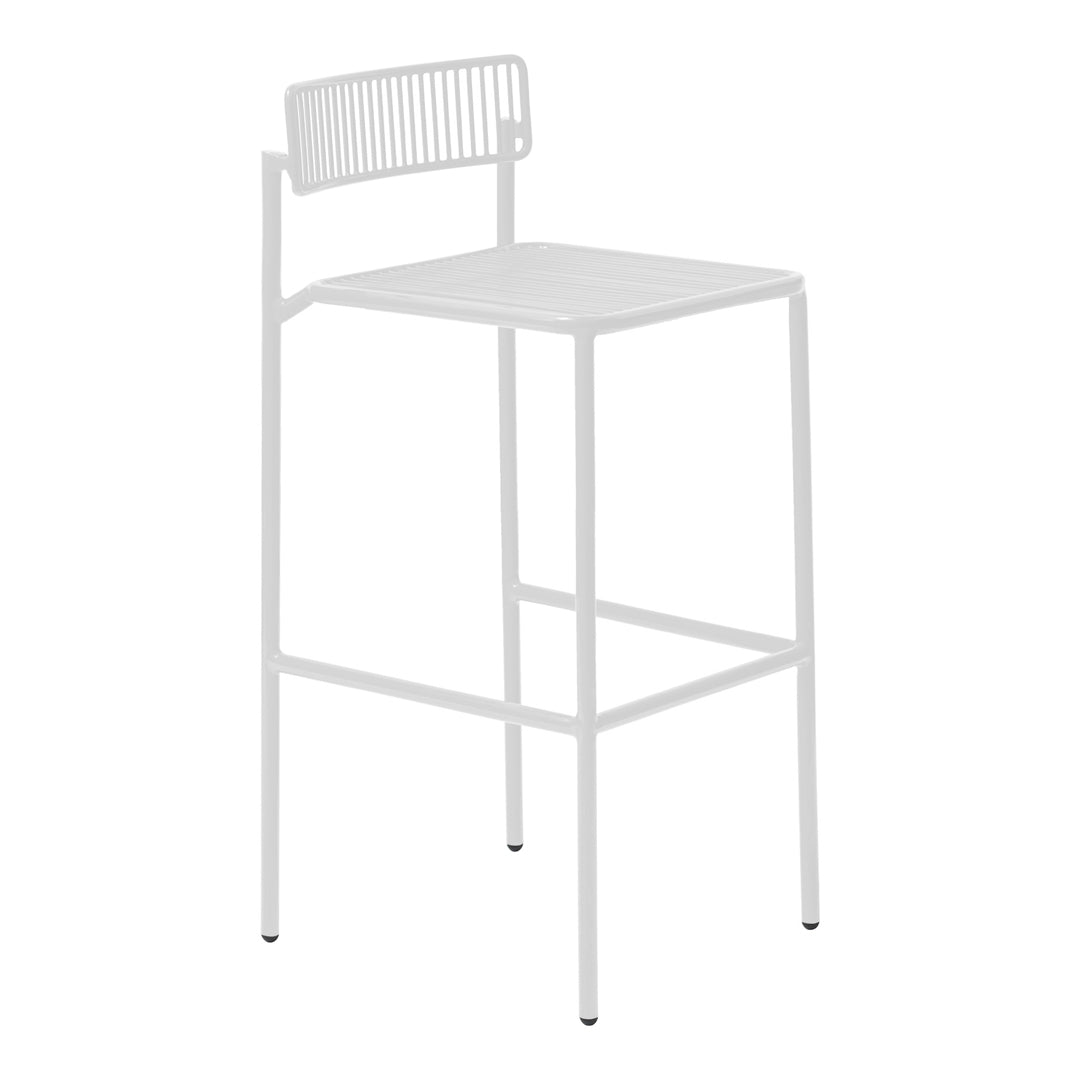 White bar stool with a minimalistic design and linear pattern on the backrest. Ideal for modern decor.