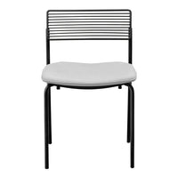 Black metal chair with a minimalist striped backrest and a soft, curved white seat.