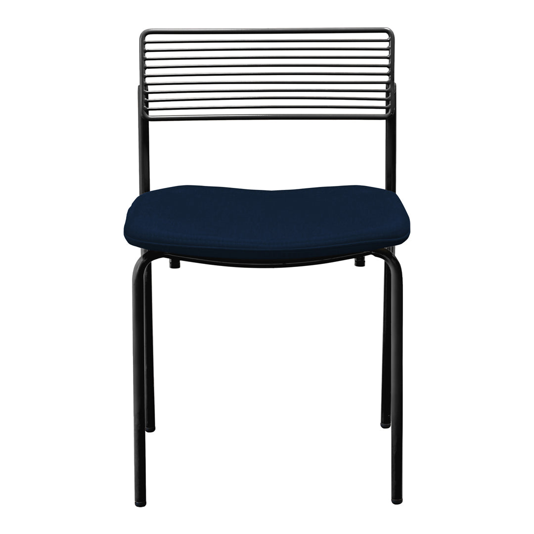 Sleek black metal chair with a striped backrest and deep navy cushion. Modern design for stylish interiors.