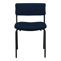 Navy blue upholstered dining chair with sleek black metal legs and minimalist design. Perfect for modern interiors.