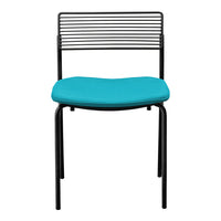 Black metal chair with a sleek striped backrest and vibrant turquoise seat cushion.