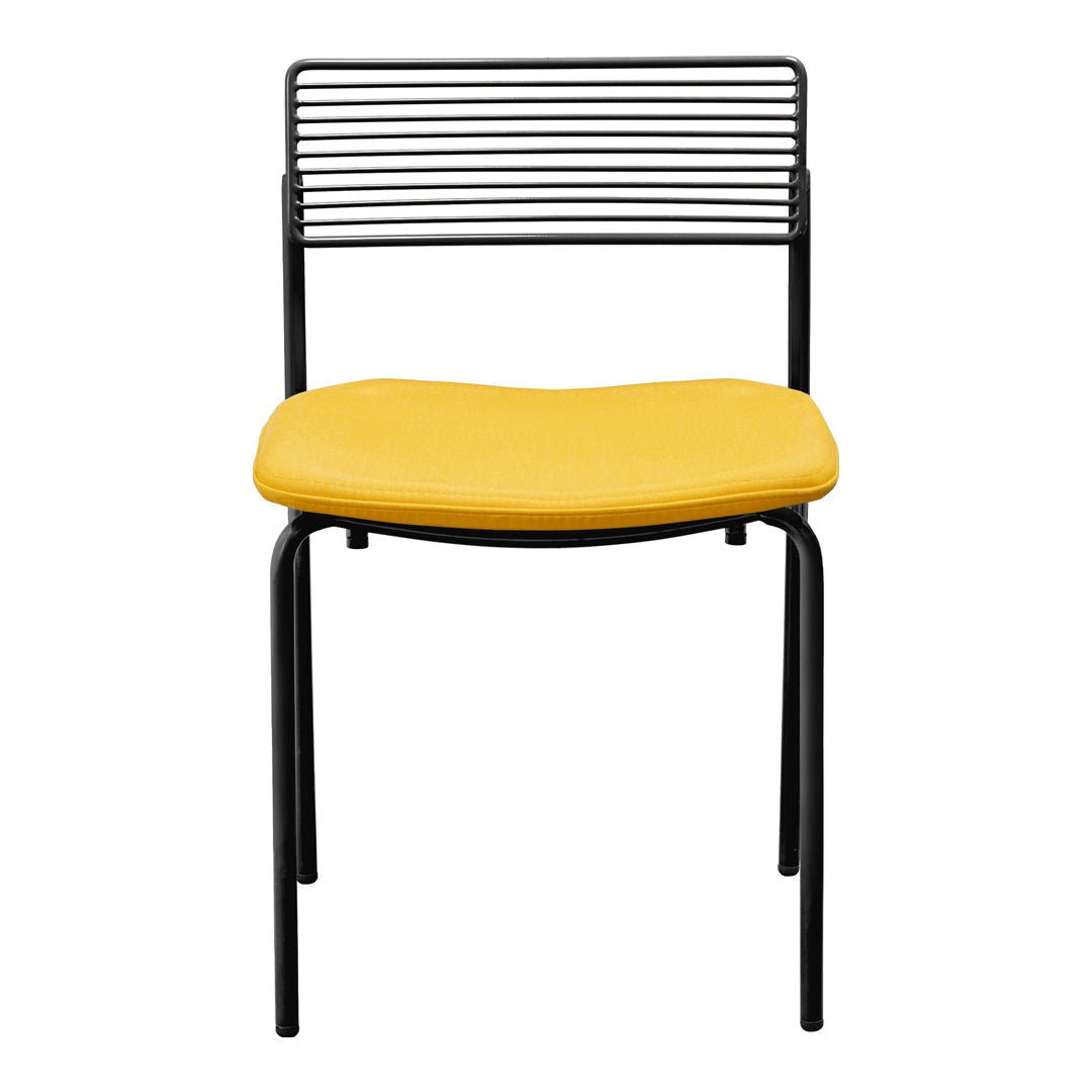 Stylish black chair with a sleek striped back and vibrant yellow cushion for a bold contrast.