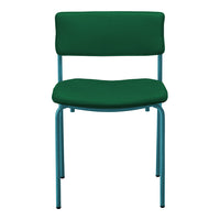Green upholstered chair with a sleek blue metal frame, perfect for modern decor. Simple and stylish design.