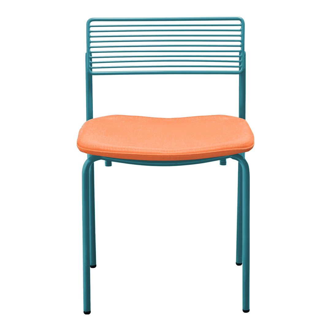 Teal metal chair with orange cushion and striped backrest, stylish and contemporary design.