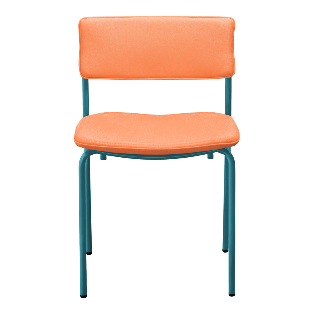 Orange cushioned chair with a teal metal frame, featuring a sleek, modern design. Ideal for vibrant decor.