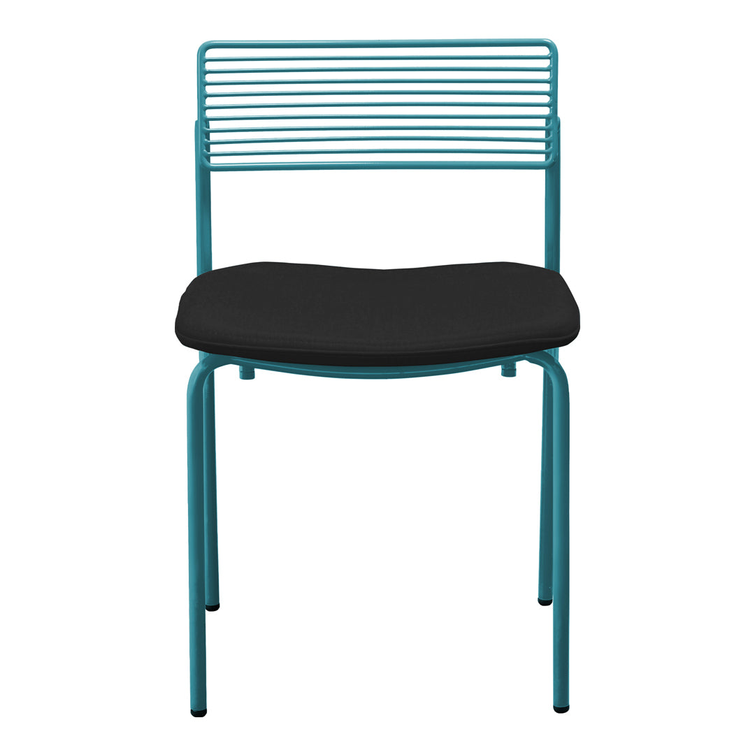 Turquoise metal chair with sleek horizontal lines and a black cushioned seat, perfect for modern decor.