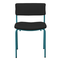 Black chair with a smooth seat and back, complemented by a teal metal frame for a modern look.