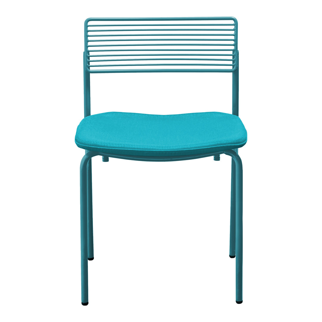 Turquoise chair with a slatted back and a smooth, contoured seat, perfect for modern decor.