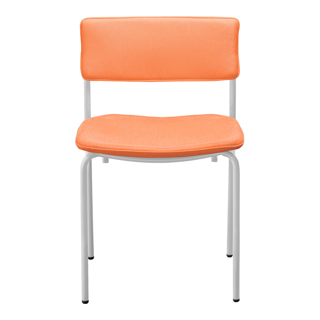Modern orange chair with a smooth finish and sleek white metal legs. Ideal for contemporary decor.