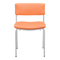 Modern orange chair with a smooth finish and sleek white metal legs. Ideal for contemporary decor.