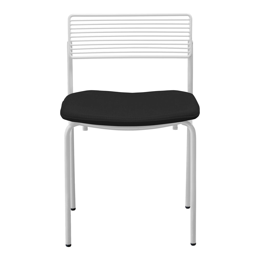 "Modern chair with a sleek white metal frame and a black cushioned seat, featuring minimalistic horizontal slat design."