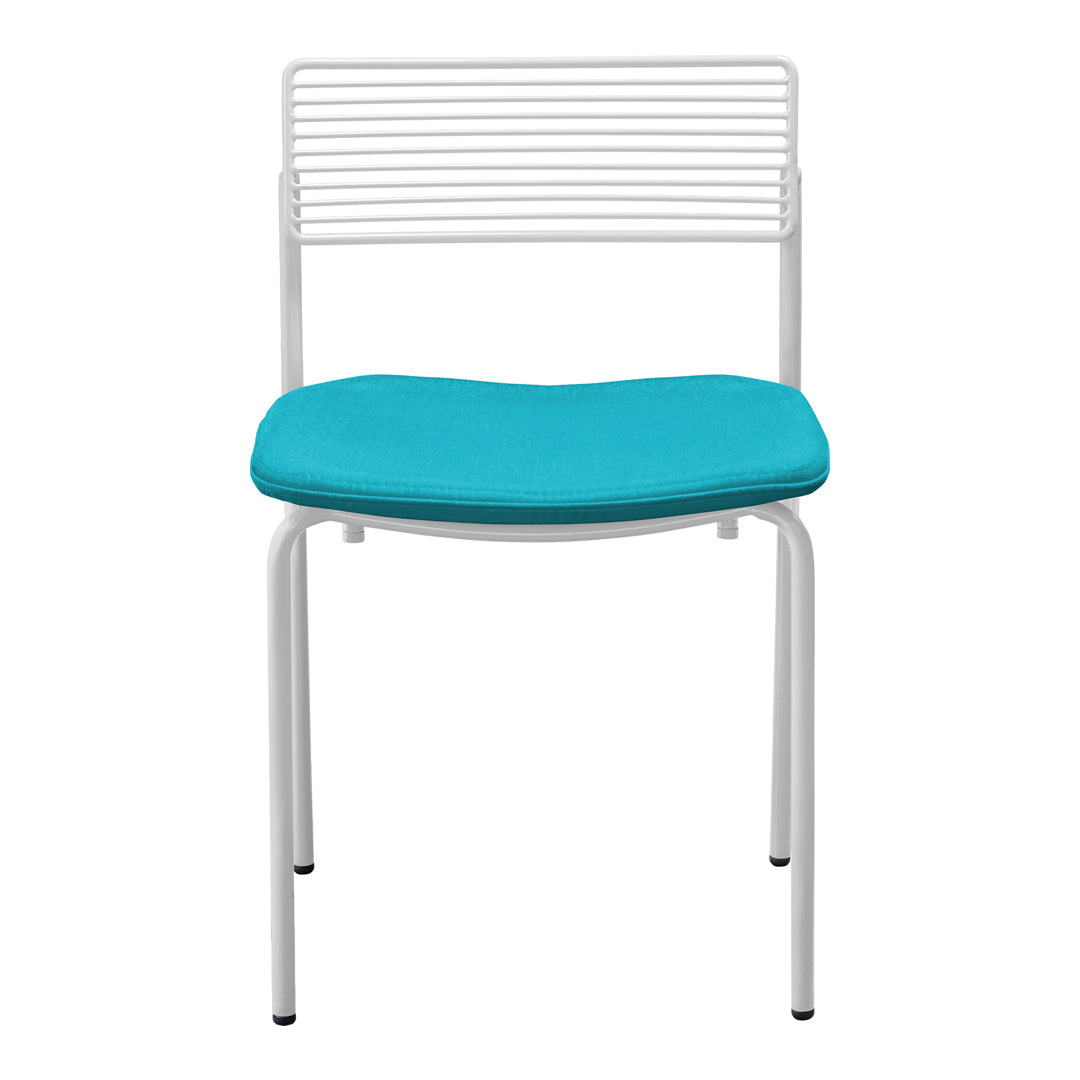 White metal chair with a striped back and a vibrant turquoise seat cushion. Perfect for modern decor.