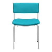 Turquoise upholstered chair with a sleek white metal frame, featuring a minimalist design and smooth lines.
