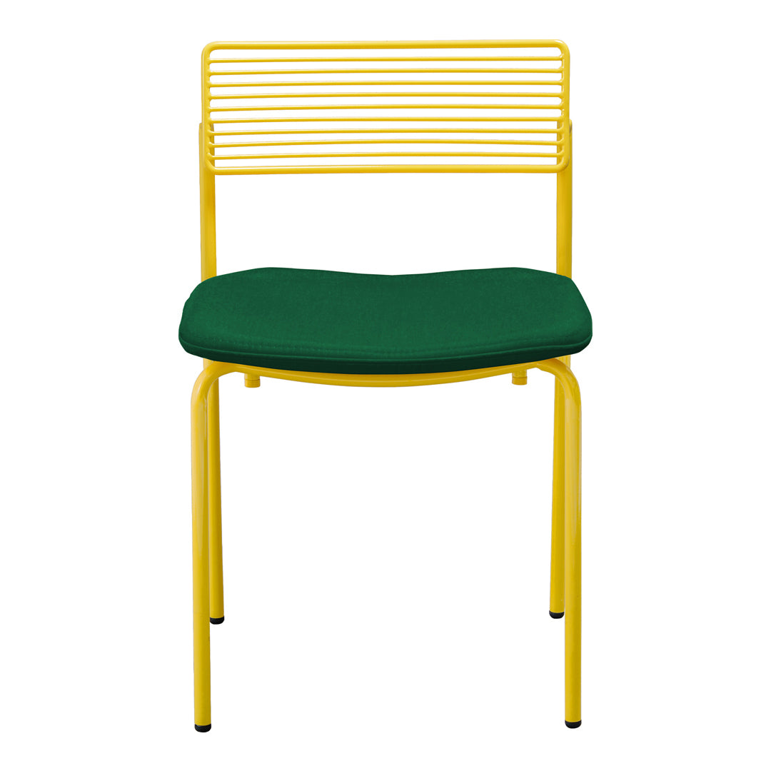 Yellow metal chair with a slatted back and a green cushion for a vibrant, modern look.