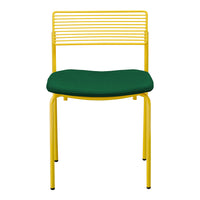 Yellow metal chair with a slatted back and a green cushion for a vibrant, modern look.