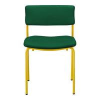 Green upholstered chair with a yellow metal frame, featuring a simple, modern design.