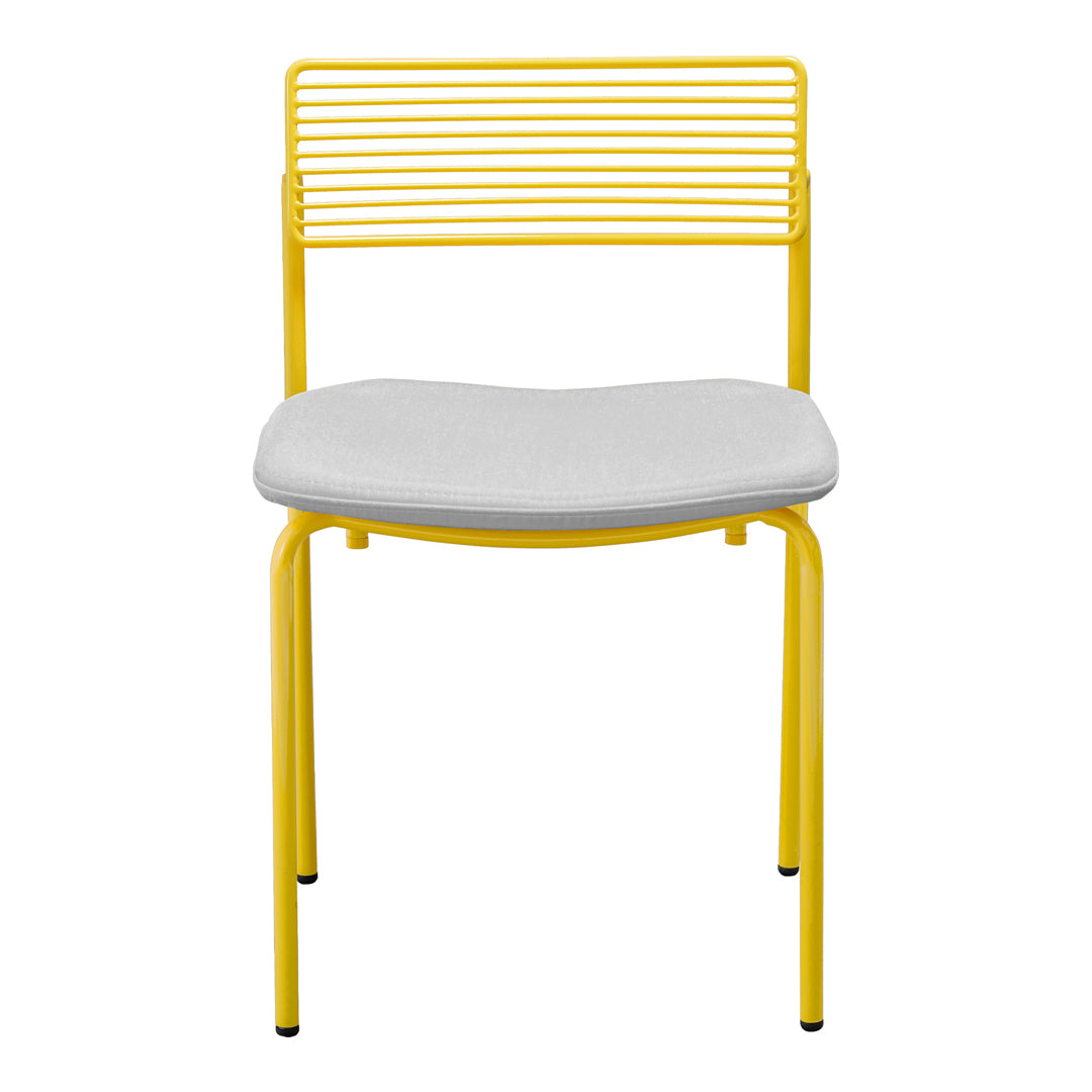 Yellow metal chair with a slatted backrest and a smooth gray seat, perfect for modern decor.