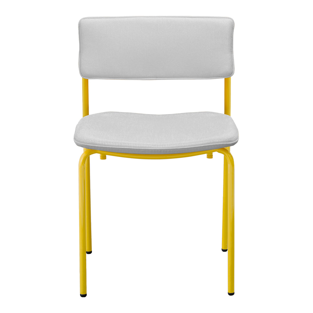White chair with a sleek, curved design and bright yellow metallic legs, offering a modern pop of color.