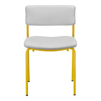 White chair with a sleek, curved design and bright yellow metallic legs, offering a modern pop of color.