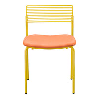 Yellow metal chair with a slatted back and an orange cushioned seat. Modern design with vibrant colors.
